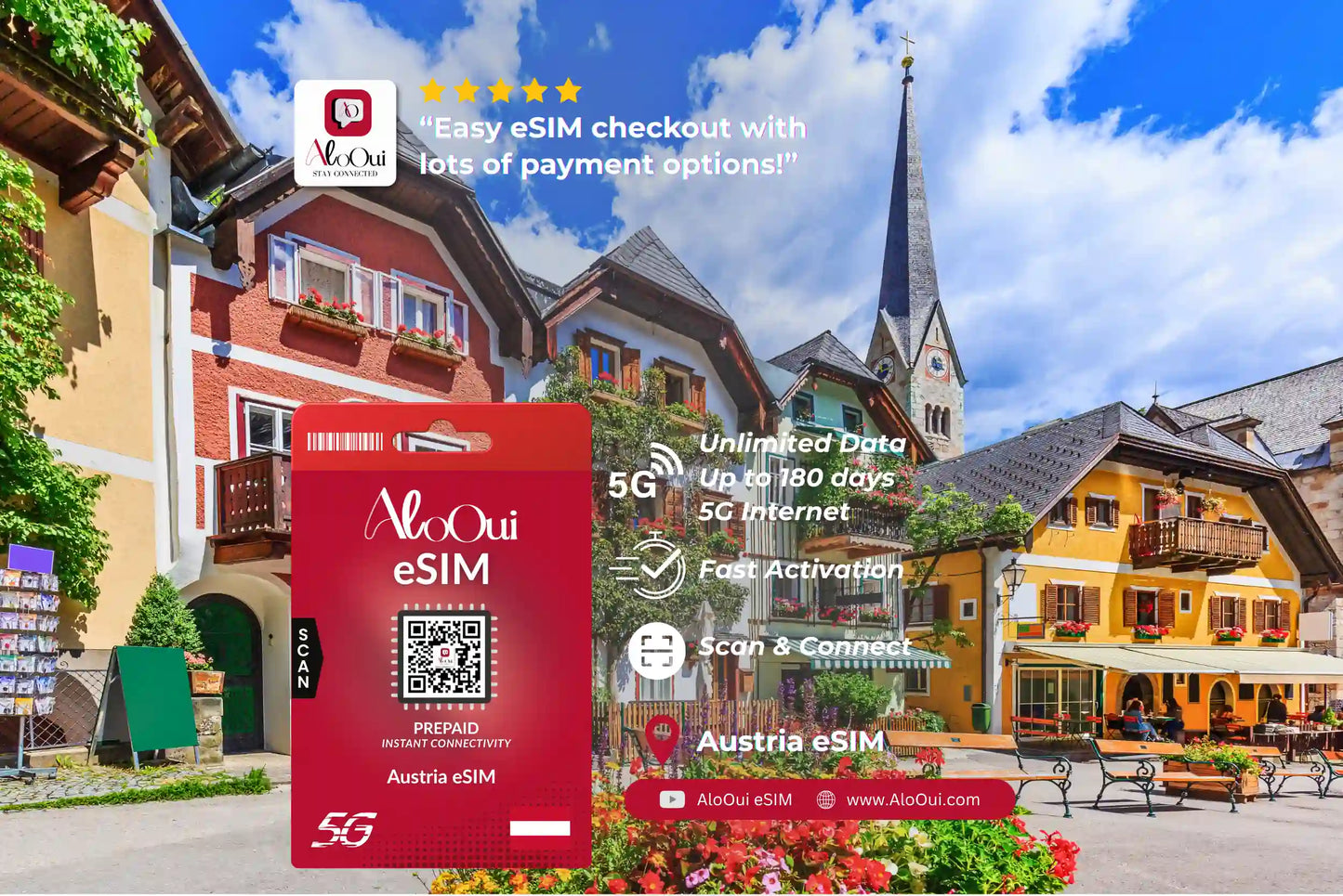 Austria AloOui eSIM with a scenic town background