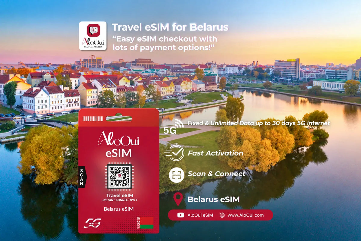 Belarus AloOui eSIM with a scenic cityscape in the background