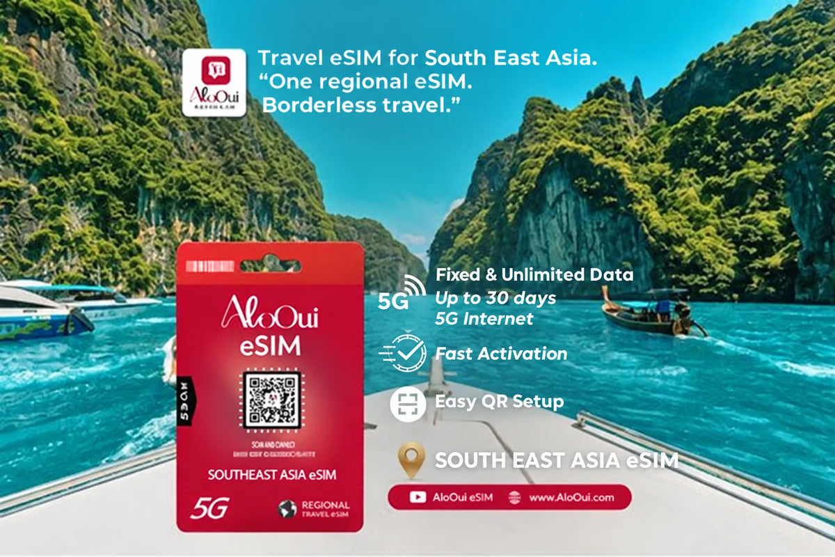 Southeast Asia AloOui eSIM Regional Plan with tropical beach background.