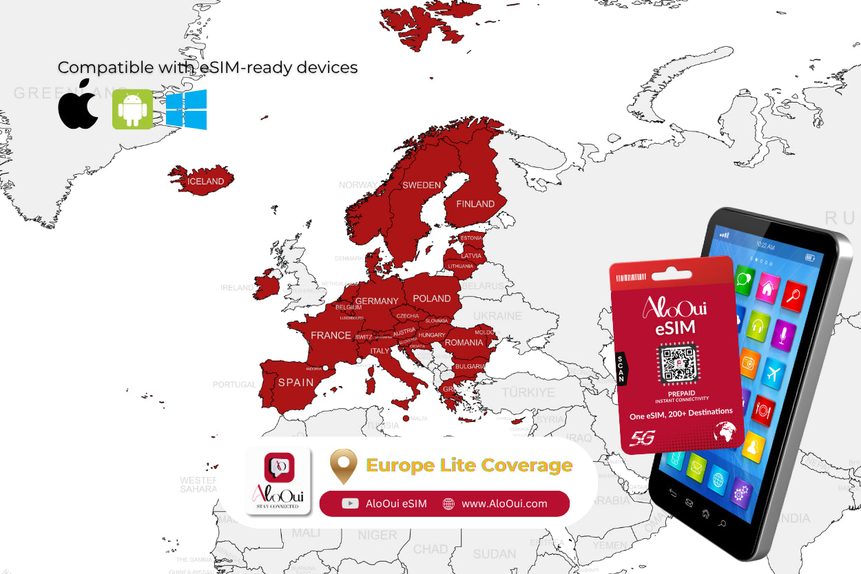 Countries Coverage for Europe Lite AloOui eSIM Regional Plan