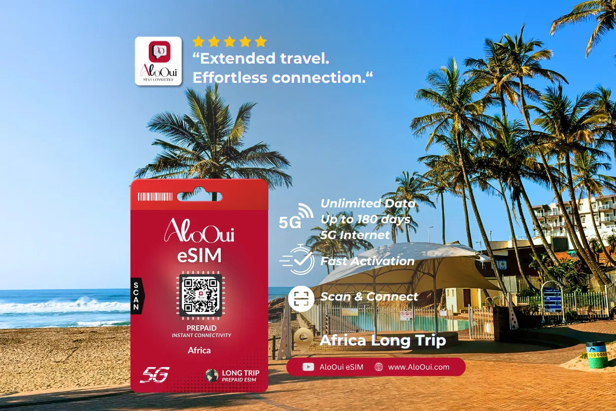 Africa Long Trip AloOui eSIM Plan with palm trees and beach