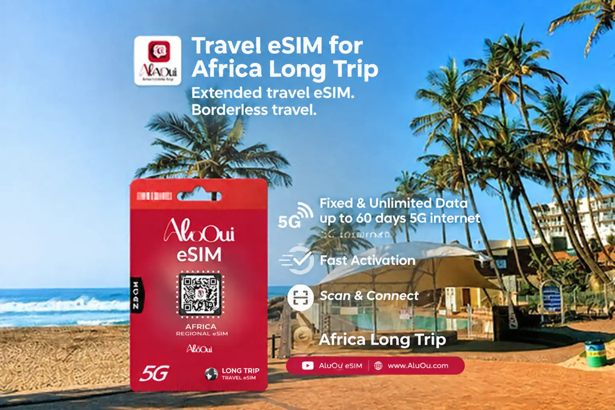 Africa Long Trip AloOui eSIM Plan with palm trees and beach