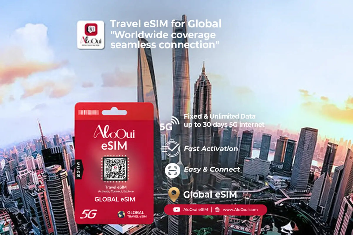 Global eSIM Plan with cityscape background
