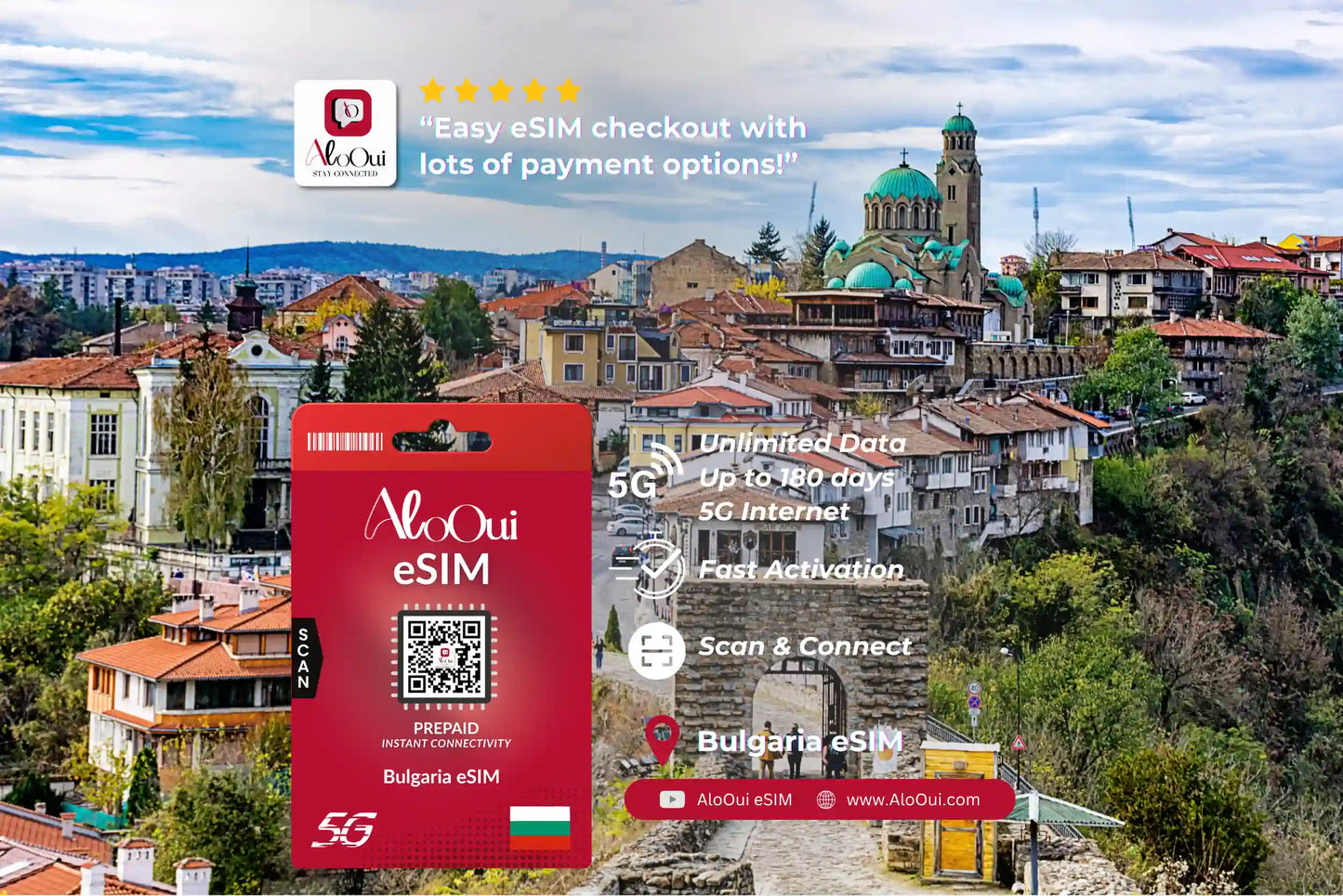 Bulgaria AloOui eSIM with a scenic cityscape in the background