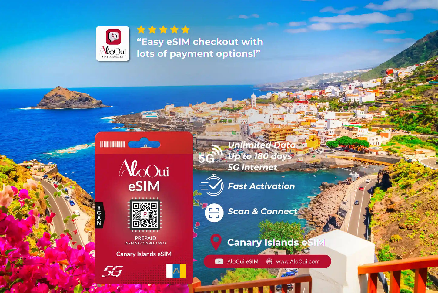 Canary Island AloOui eSIM with scenic view of a coastal town and ocean.