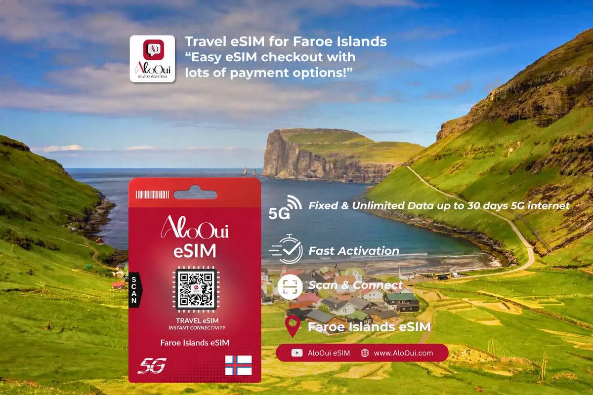 Faroe Islands AloOui eSIM with scenic Faroe Islands background