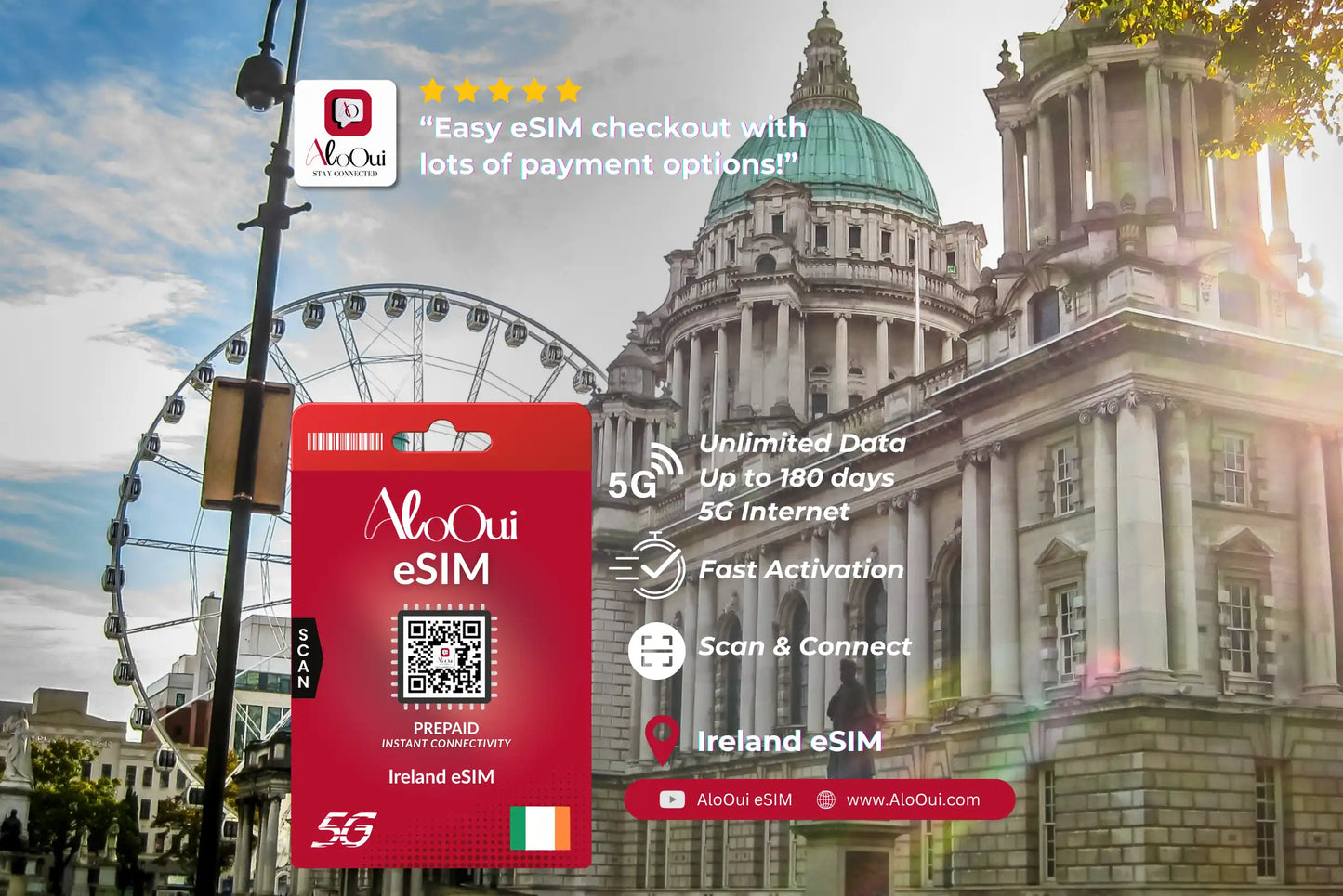 Ireland AloOui eSIM with Belfast cityscape in the background