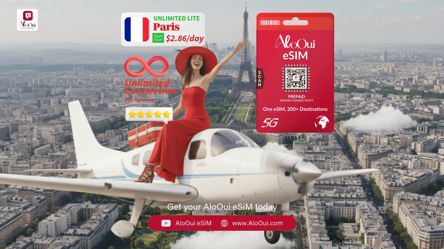 Woman on a small airplane with AloOui eSIM and Eiffel tower scenery
