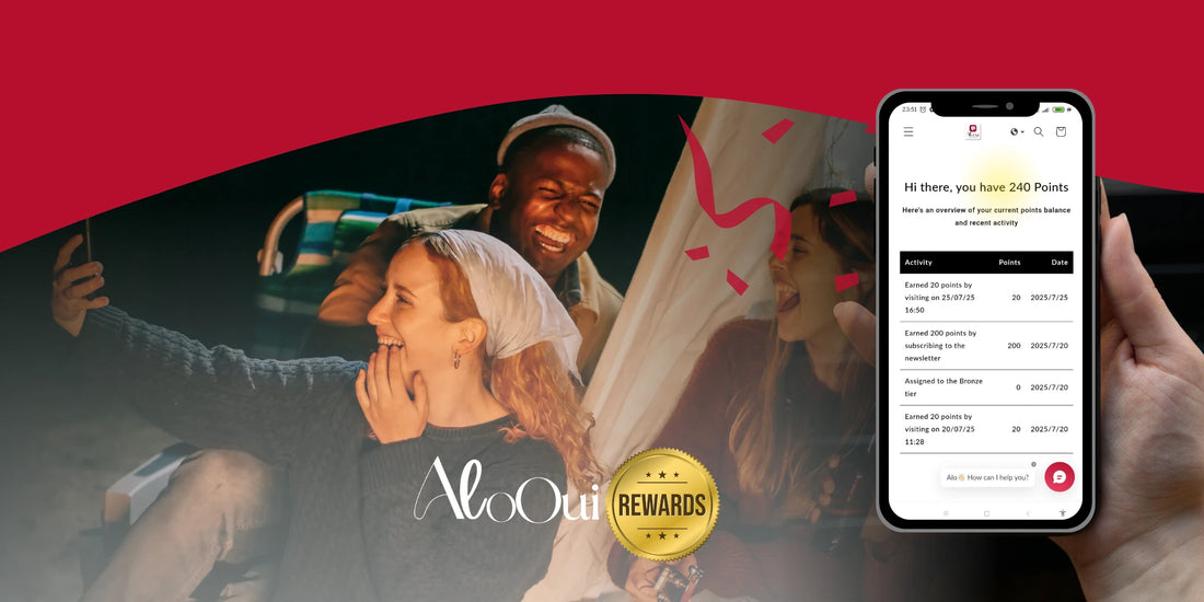 Phone screen displaying a AloOui's rewards with people in the background