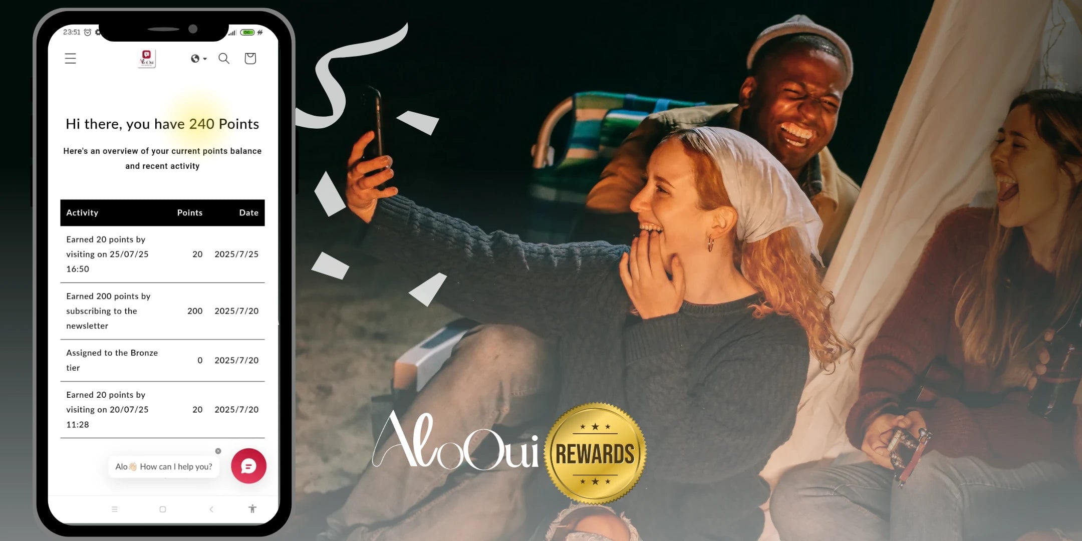 Phone screen displaying a AloOui's app with people sitting outdoors