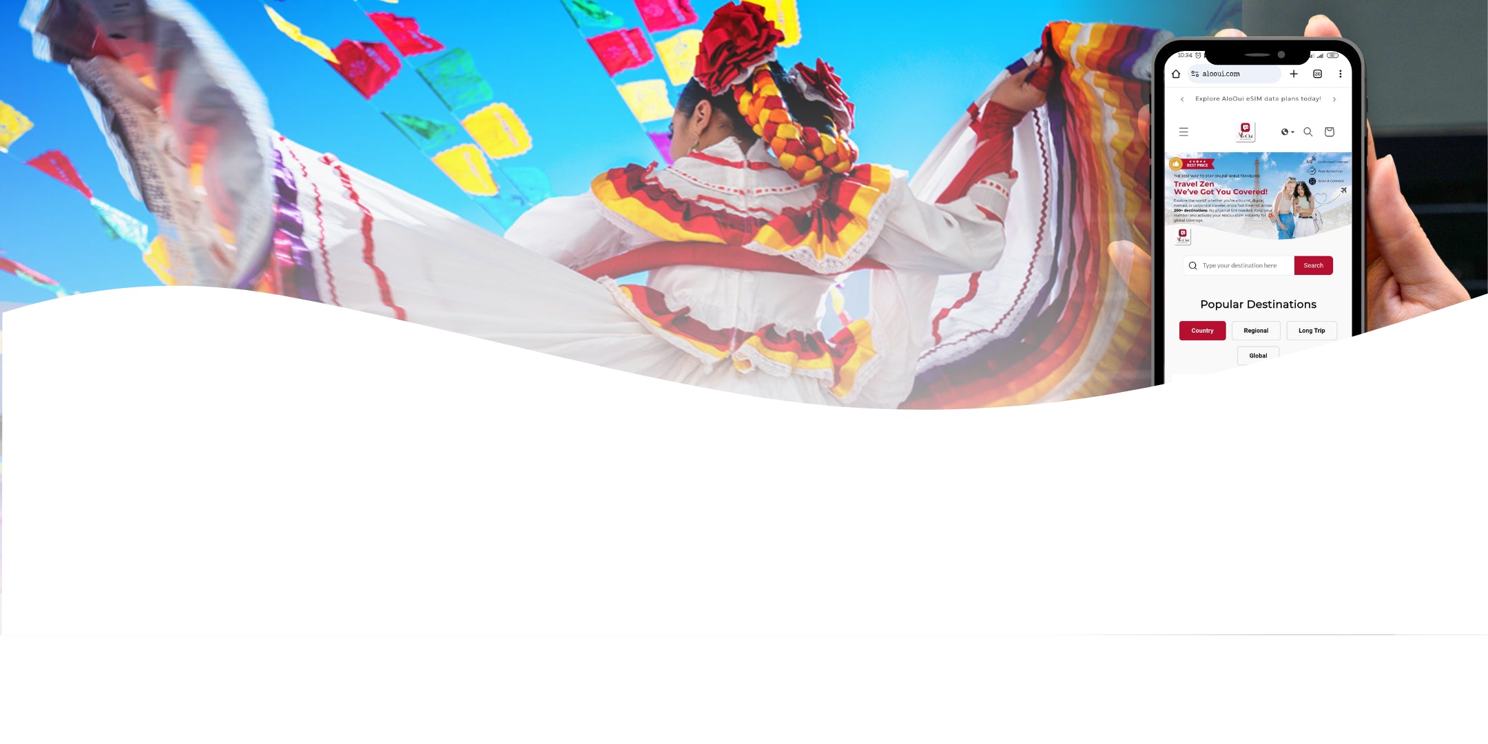 Traveler captures colorful Mexican dance festival while browsing AloOui eSIM plans on mobile.