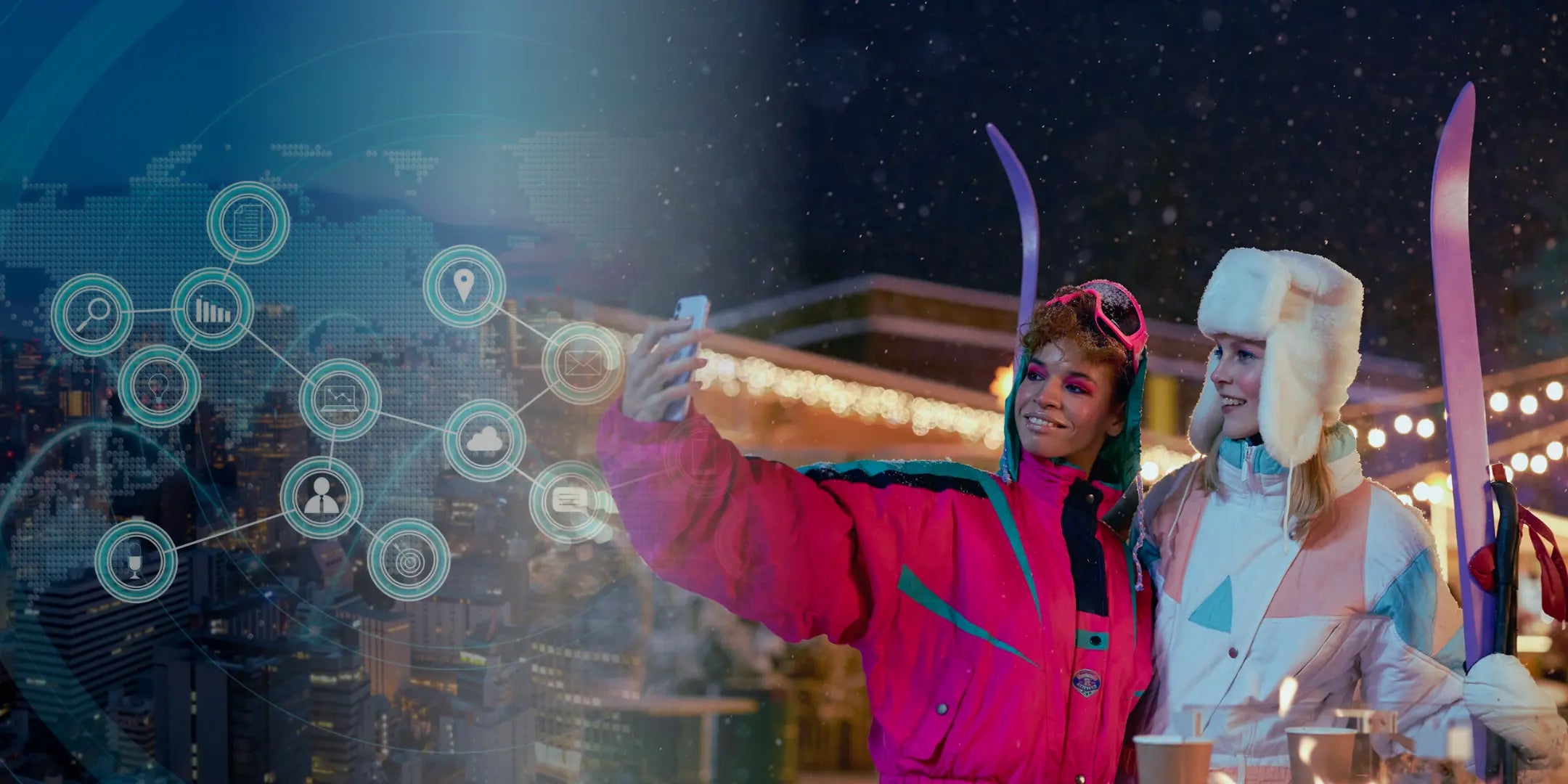 Two travelers take a selfie at a ski resort, staying connected with AloOui eSIM