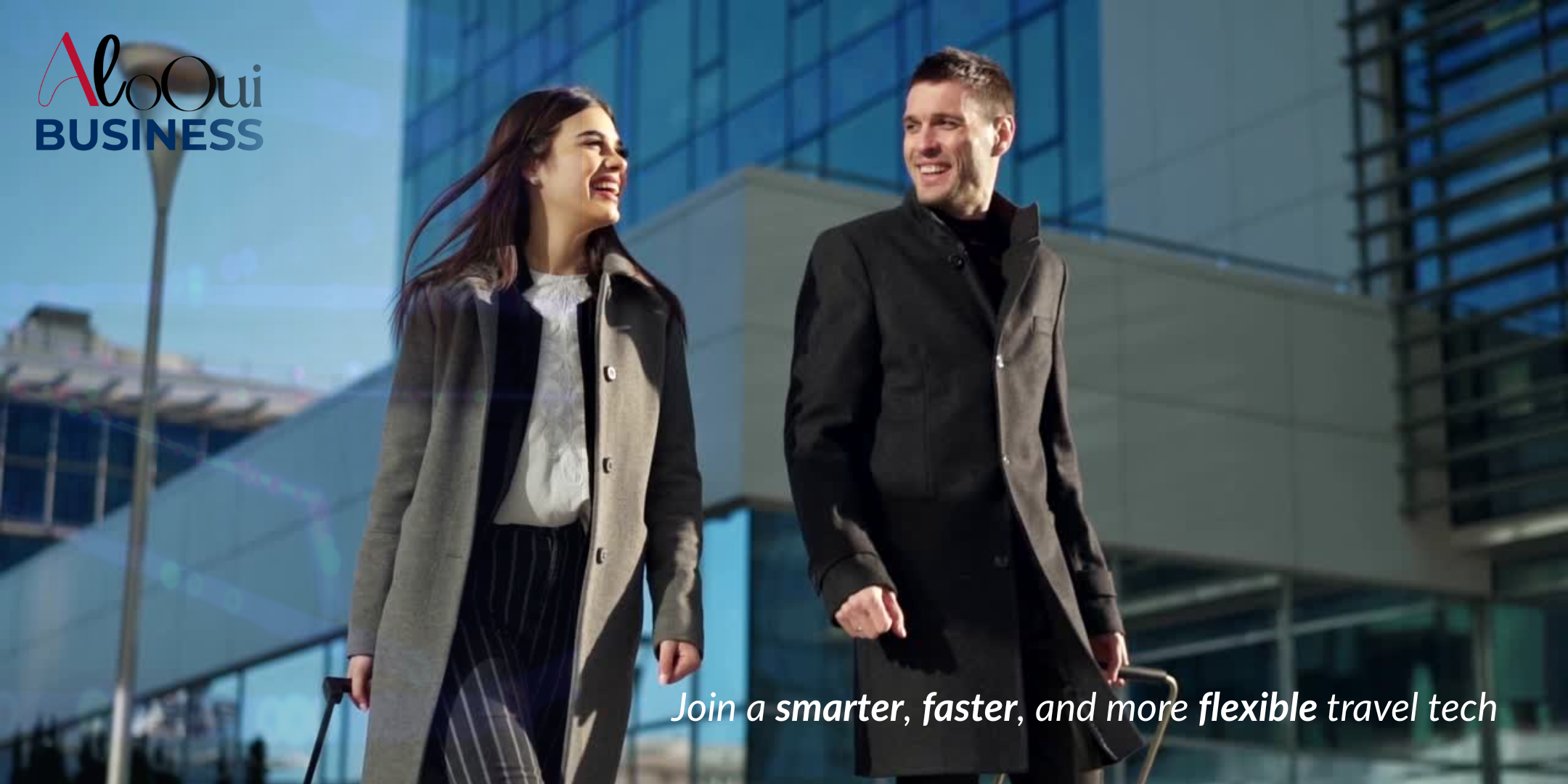 Business travelers walk confidently using AloOui eSIM for global connectivity.