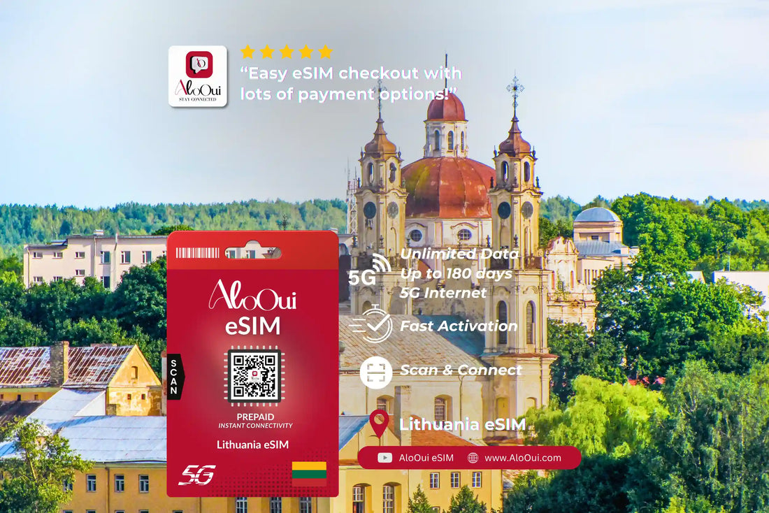 Lithuania AloOui eSIM with a scenic background of a church and greenery - AloOui eSIM