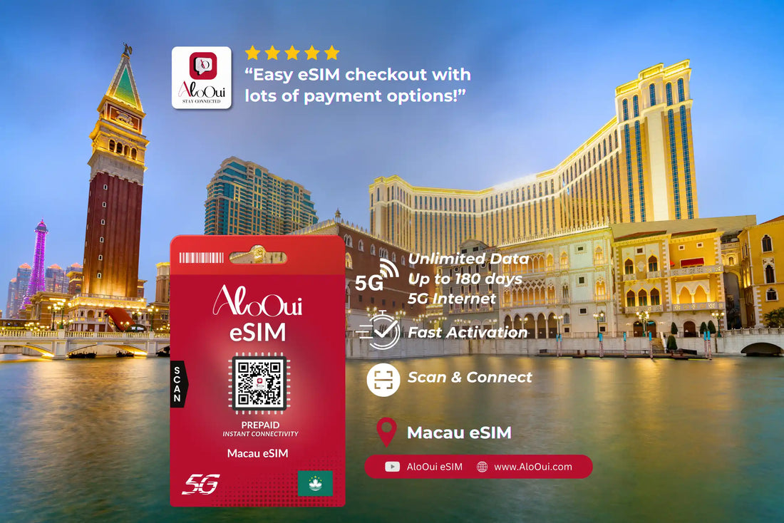 Macau AloOui eSIM with Macau skyline and building in the background - AloOui eSIM