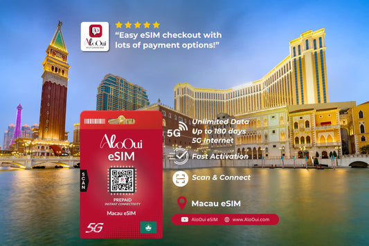 Macau AloOui eSIM with Macau skyline and building in the background - AloOui eSIM