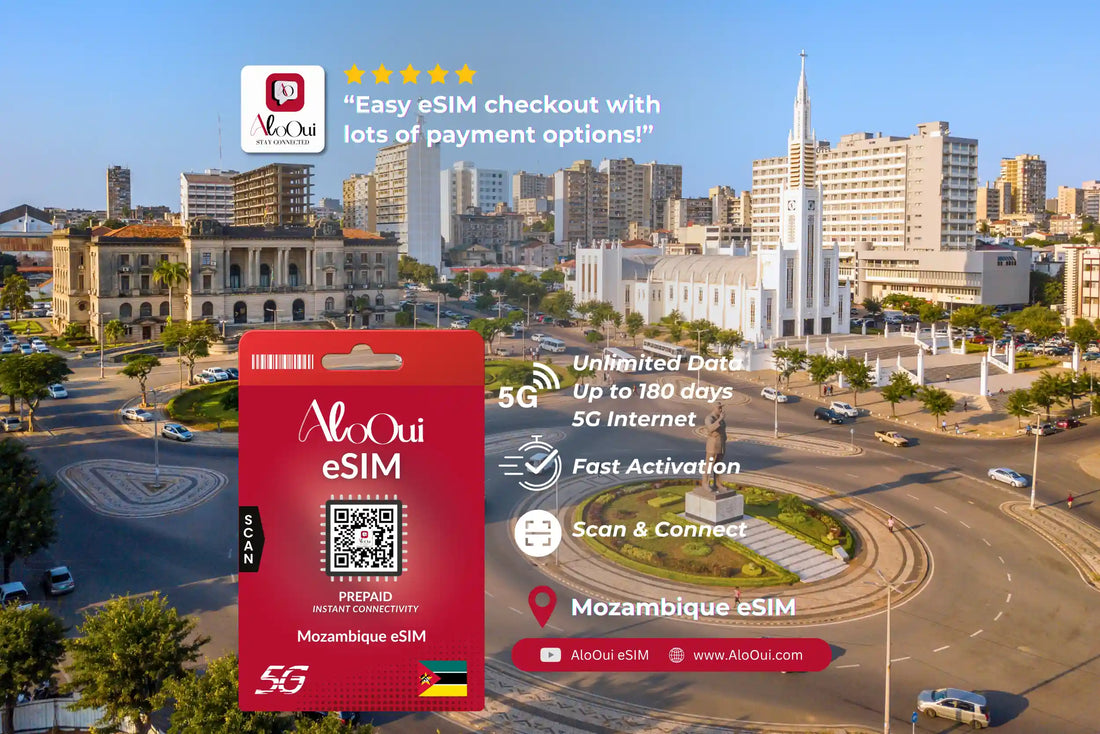 Mozambique AloOui eSIM with a cityscape background - AloOui eSIM
