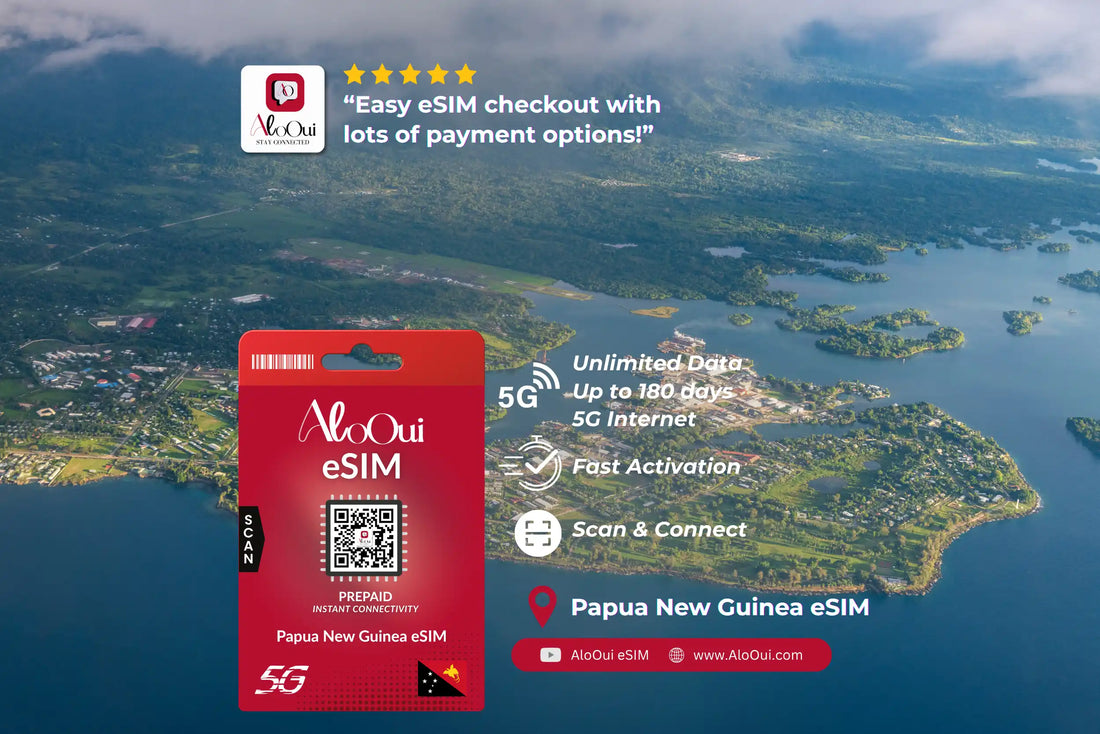 Papua New Guinea AloOui eSIM with scenic background of Papua New Guinea - AloOui eSIM