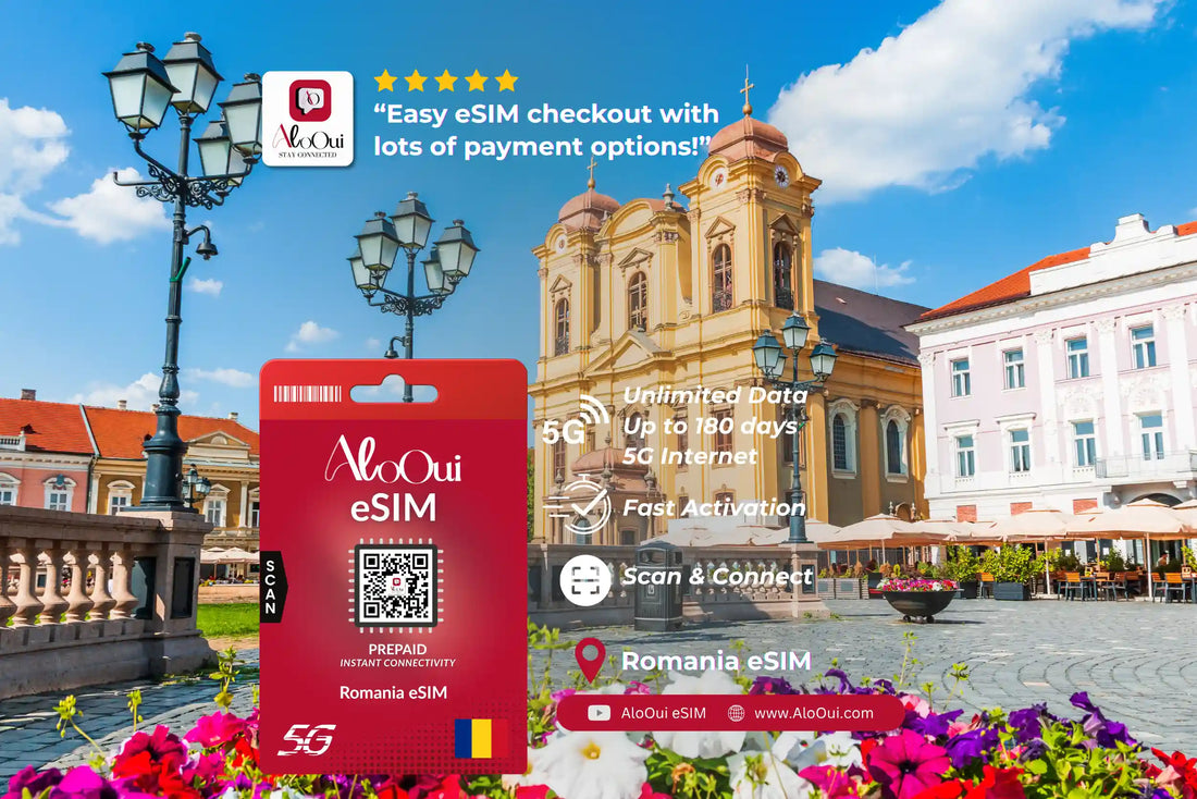 Romania AloOui eSIM with scenic city background - AloOui eSIM