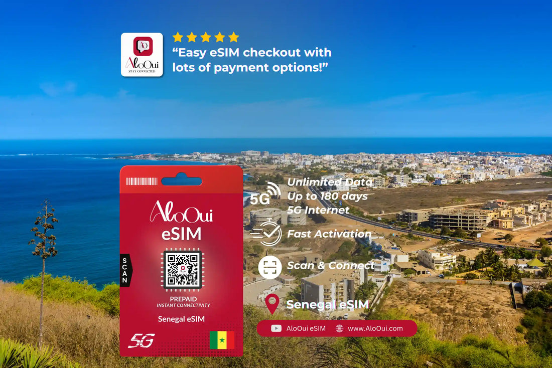 AloOui Senegal eSIM card with Dakar coastline backdrop — unlimited data plans for Senegal travelers - AloOui eSIM
