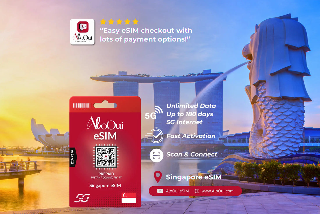 Best unlimited eSIM for Singapore — AloOui Lite, Essential & Plus plans, instant delivery, 4G LTE, coverage at Marina Bay Sands, Changi Airport, Orchard Road, Sentosa Island, no roaming fees - AloOui eSIM