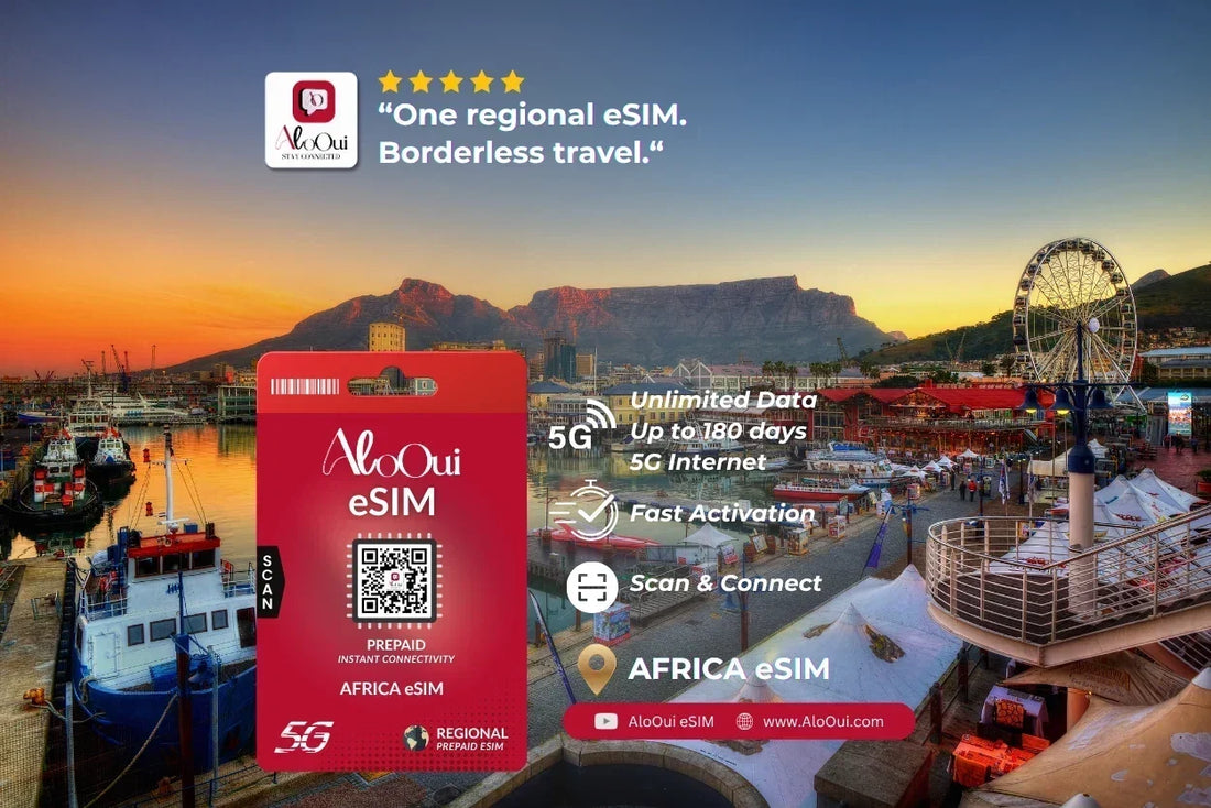 Africa AloOui eSIM Regional Plan with a vibrant coastal harbor sunset featuring colorful boats, lively waterfront shops, and a mountain skyline background. - AloOui eSIM