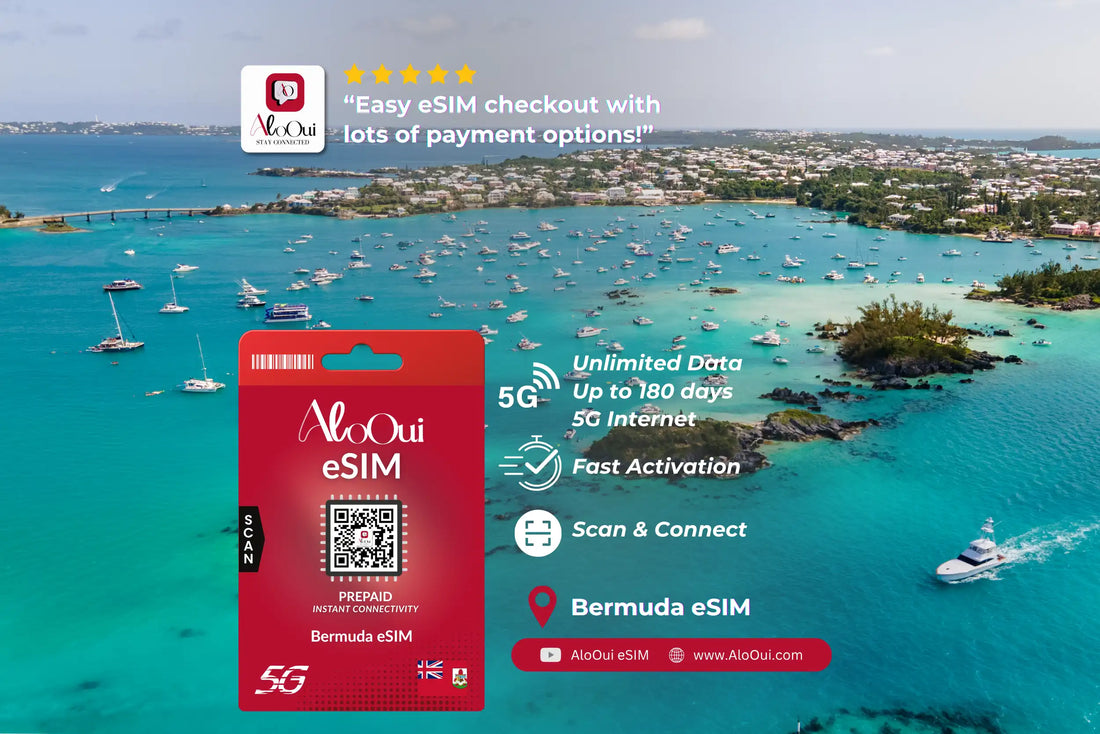 Bermuda AloOui eSIM with a scenic background of a tropical island and turquoise waters. - AloOui eSIM