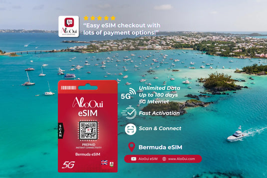 Bermuda AloOui eSIM with a scenic background of a tropical island and turquoise waters. - AloOui eSIM