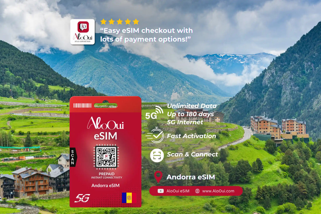 Andorra AloOui eSIM with scenic mountain landscape in the background - AloOui eSIM