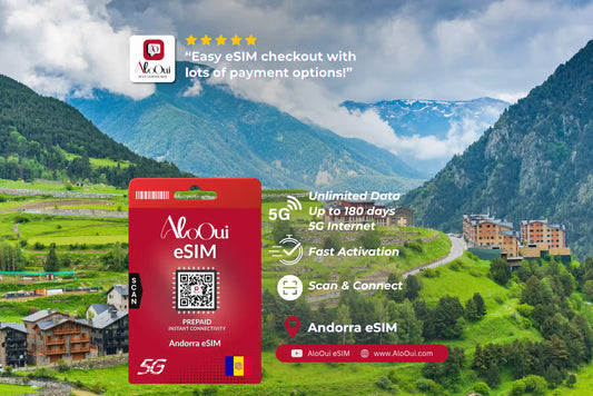 Andorra AloOui eSIM with scenic mountain landscape in the background - AloOui eSIM