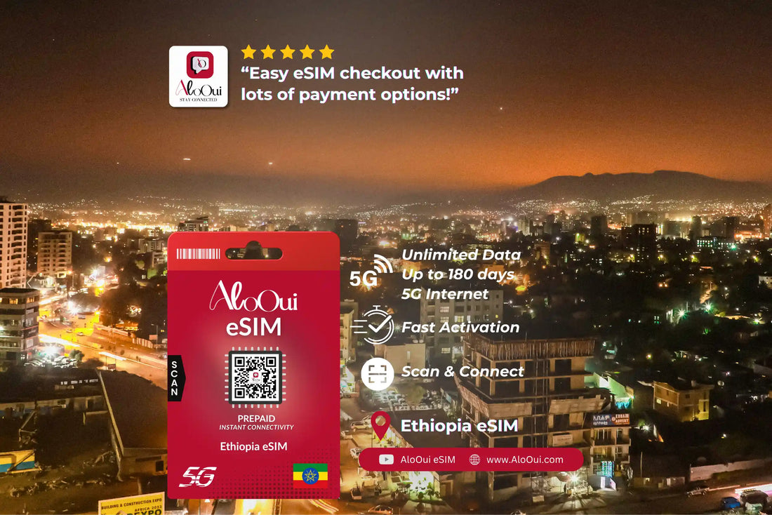 Ethiopia AloOui eSIM with a warm sunset cityscape featuring modern high rises scattered residential areas winding roads and soft golden light over Addis Ababa. - AloOui eSIM
