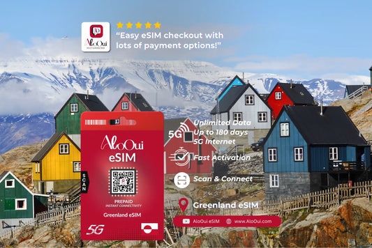 Greenland AloOui eSIM with scenic background of colorful houses and mountains - AloOui eSIM
