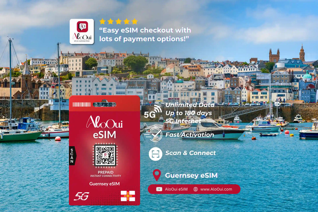 Guernsey AloOui eSIM with scenic harbor background - AloOui eSIM