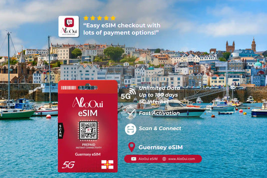 Guernsey AloOui eSIM with scenic harbor background - AloOui eSIM