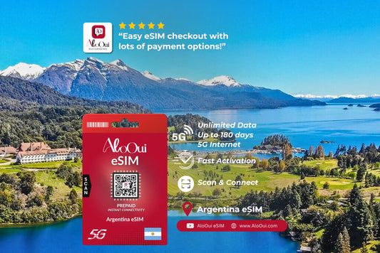 AloOui Argentina eSIM cover — Patagonia landscape with eSIM card - AloOui eSIM