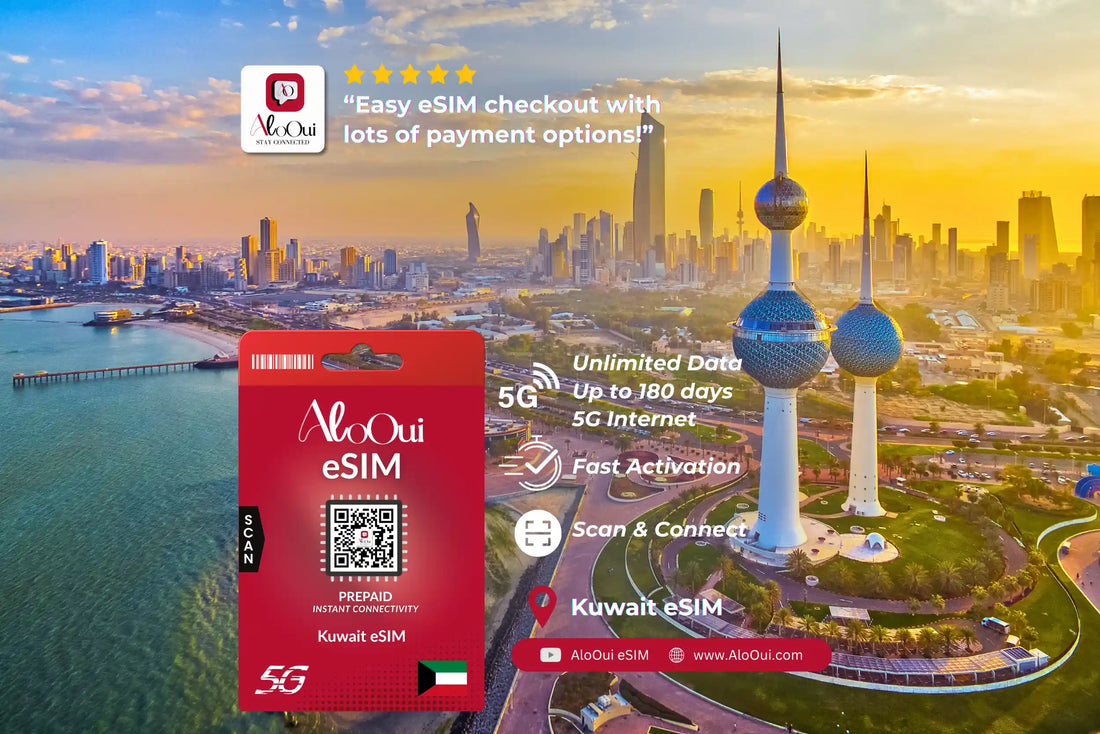 Kuwait AloOui eSIM with Kuwait skyline and towers in the background - AloOui eSIM