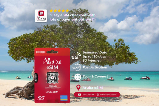 AloOui Aruba eSIM — Unlimited Data Plans with divi-divi tree and Caribbean beach backdrop - AloOui eSIM