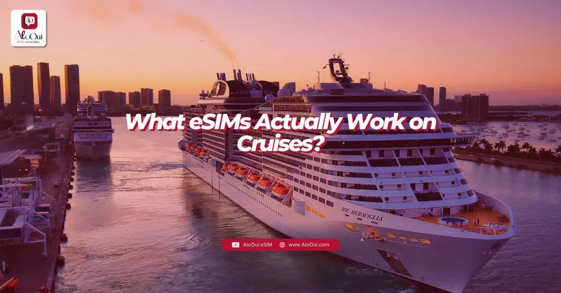 Cruise ship docked beside a city at sunset, illustrating eSIM data planning for supported destinations ashore - AloOui eSIM