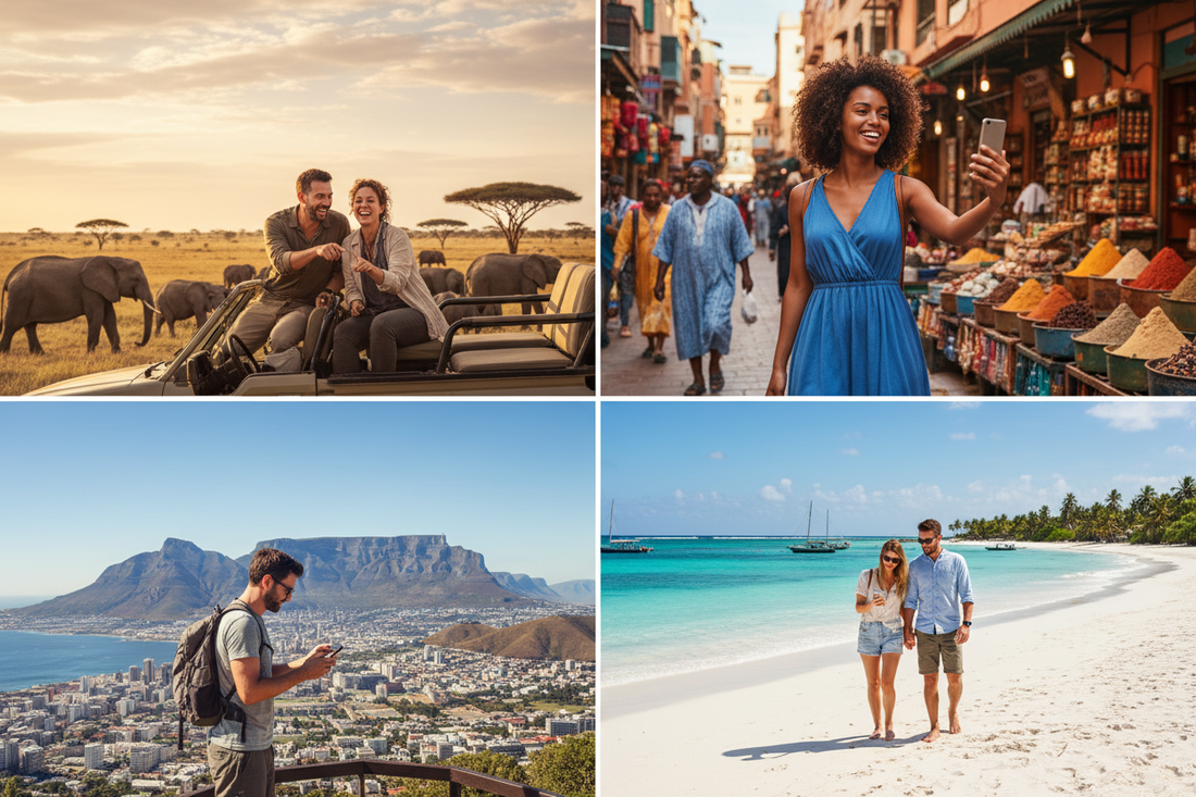 Couple en safari au Kenya avec des éléphants, femme dans la médina de Marrakech, voyageur au Cap avec Table Mountain, couple sur la plage de Zanzibar — Meilleure eSIM Afrique AloOui - AloOui eSIM