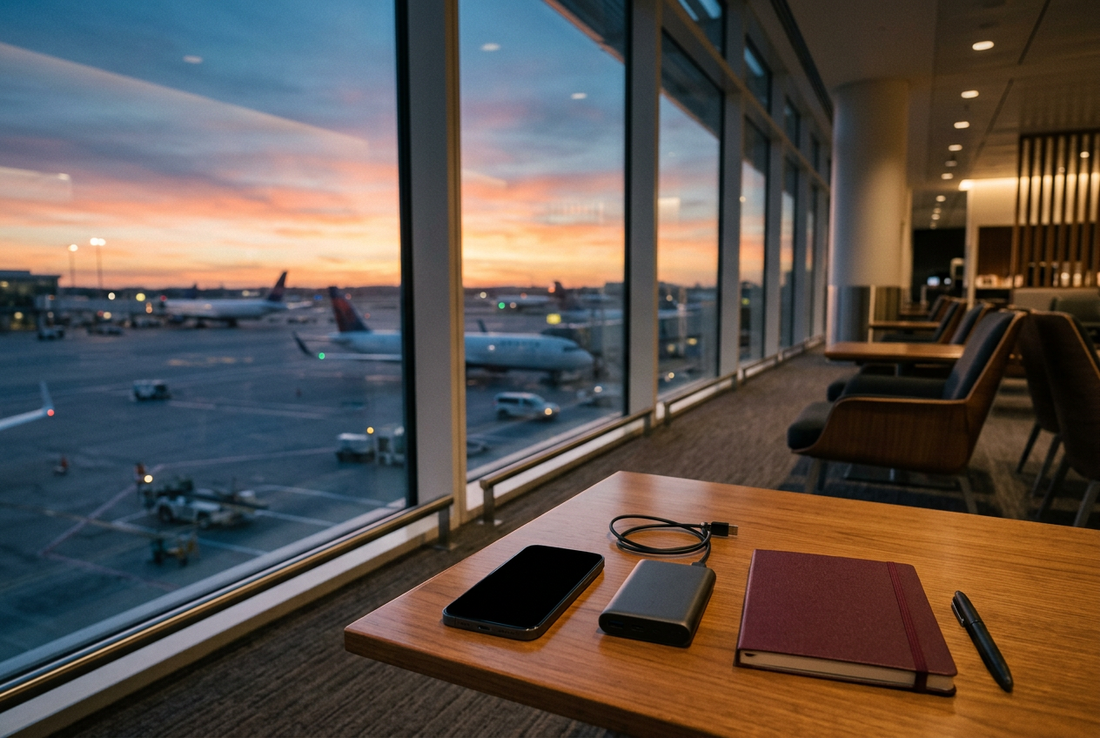 AI-generated airport preparation illustration of a generic blank-screen smartphone, power bank and notebook, not a Ryanair boarding pass or verified airport - AloOui eSIM