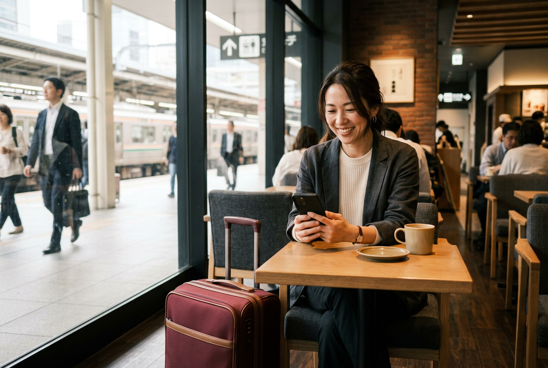 AI-generated travel image of a smiling woman using a generic smartphone at a Japanese station cafe beside burgundy luggage, not an exact ASUS device depiction. - AloOui eSIM