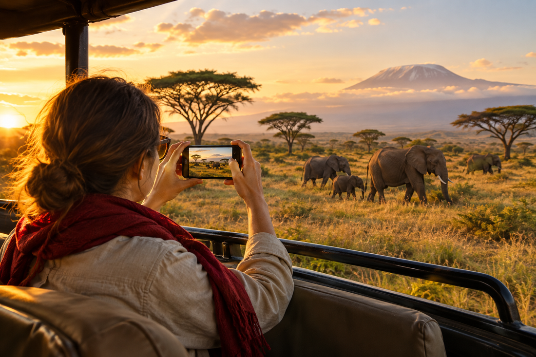 Best eSIM for Africa: traveler photographing elephants near Kilimanjaro on safari with an AloOui Africa eSIM - AloOui eSIM