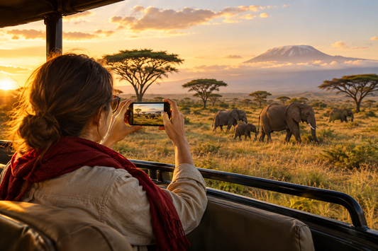 Best eSIM for Africa: traveler photographing elephants near Kilimanjaro on safari with an AloOui Africa eSIM - AloOui eSIM