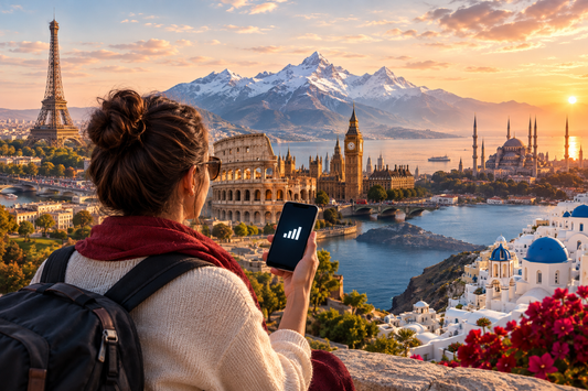 Traveler using the AloOui Europe eSIM with Eiffel Tower, Colosseum, Big Ben, Swiss Alps, Santorini and Istanbul in view - AloOui eSIM