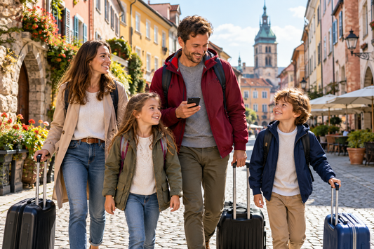 Best eSIM for Europe travel: family with suitcases using an AloOui eSIM in a European old town - AloOui eSIM