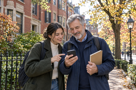 Illustration of two adult travellers checking a smartphone in a leafy Boston-style academic neighbourhood - AloOui eSIM