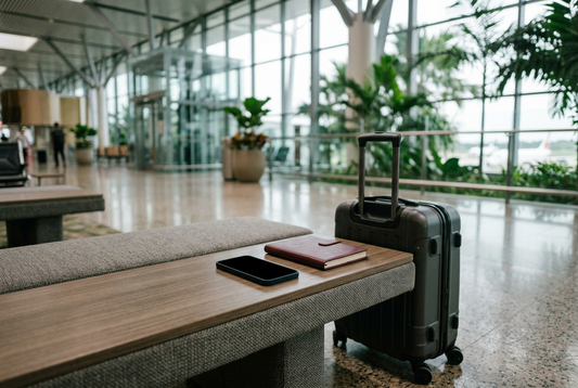 AI-generated airport arrival illustration with a generic blank-screen phone and luggage, not Changi architecture, a Grab interface or a verified pickup point - AloOui eSIM