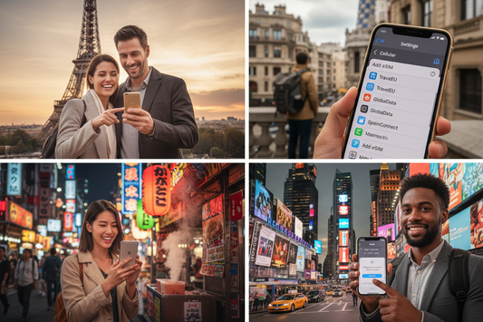 Casal em Tower Bridge Londres, estudante em Oxford, profissional em Manchester, castelo de Edimburgo — Melhor eSIM Europa AloOui - AloOui eSIM