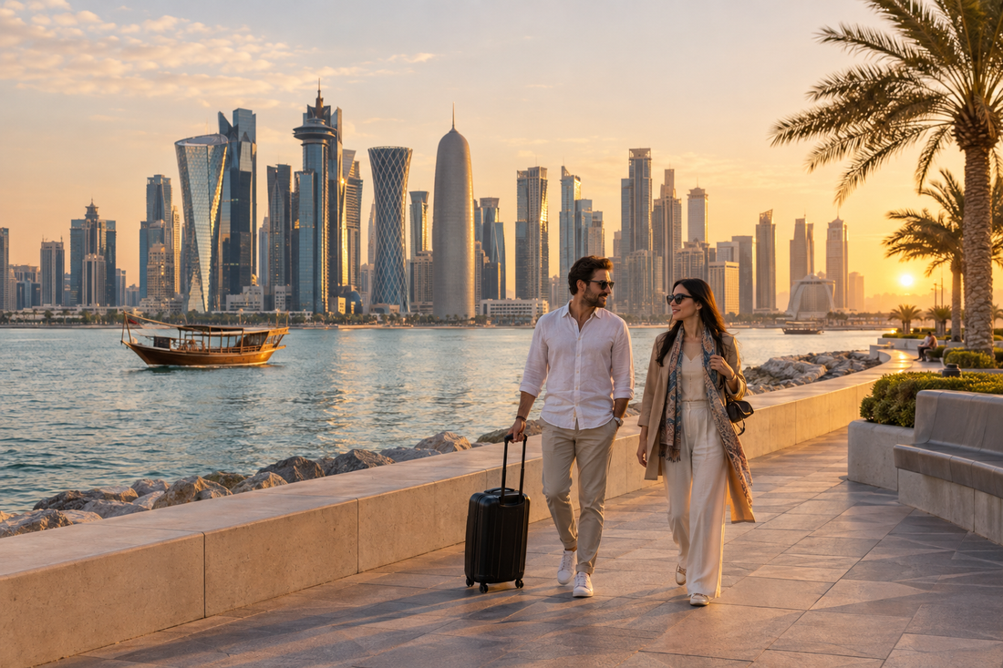 Illustration of travellers by Doha's waterfront for a short Qatar stopover eSIM guide - AloOui eSIM