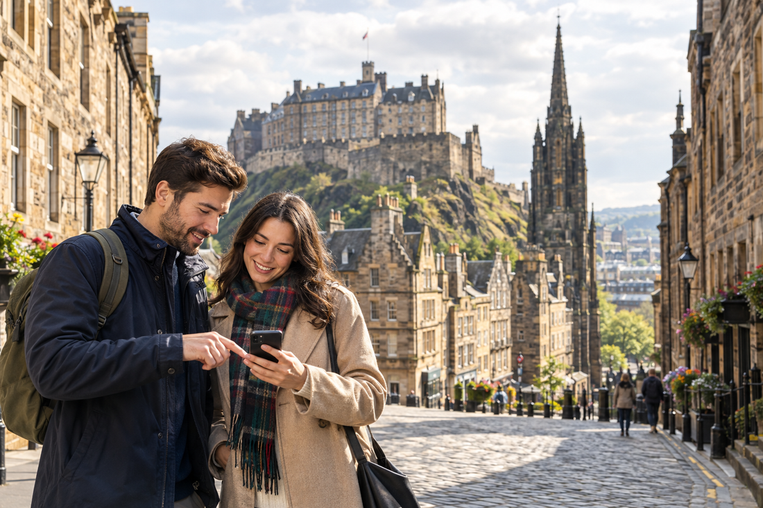 Illustration of adult visitors checking a smartphone in an Edinburgh-style historic street - AloOui eSIM